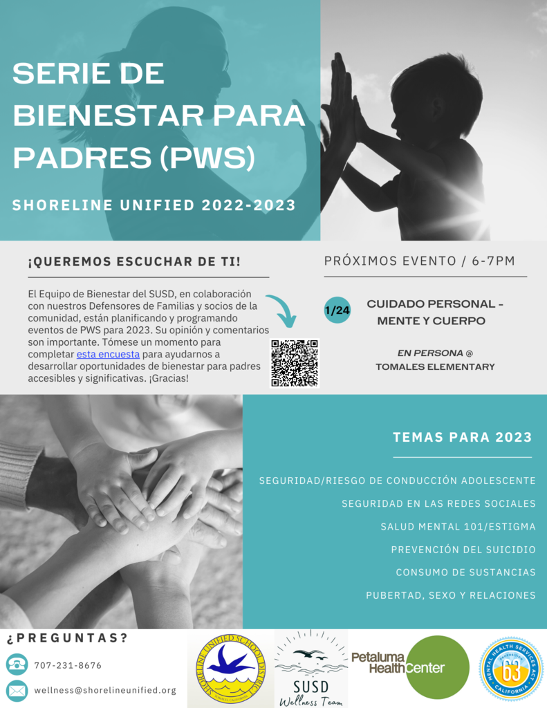 Parent Wellness Series (PWS) Feedback Survey/Upcoming Events Flyer in Spanish